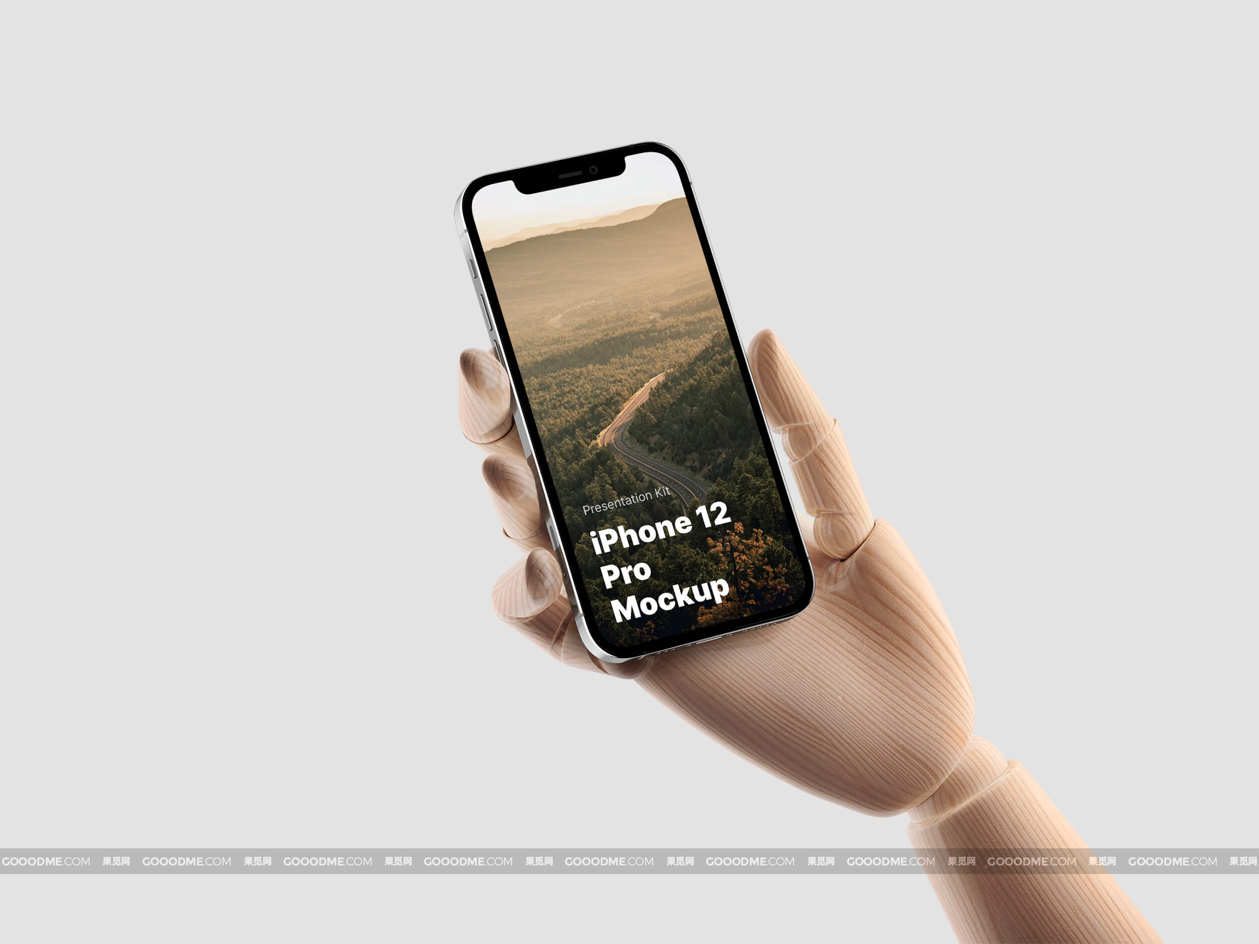 830 13款机械手臂木制手持手机UI展示设计样机素材Wooden Hands iPhone 12 Pro Mockups