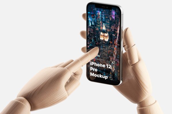 830 13款机械手臂木制手持手机UI展示设计样机素材Wooden Hands iPhone 12 Pro Mockups