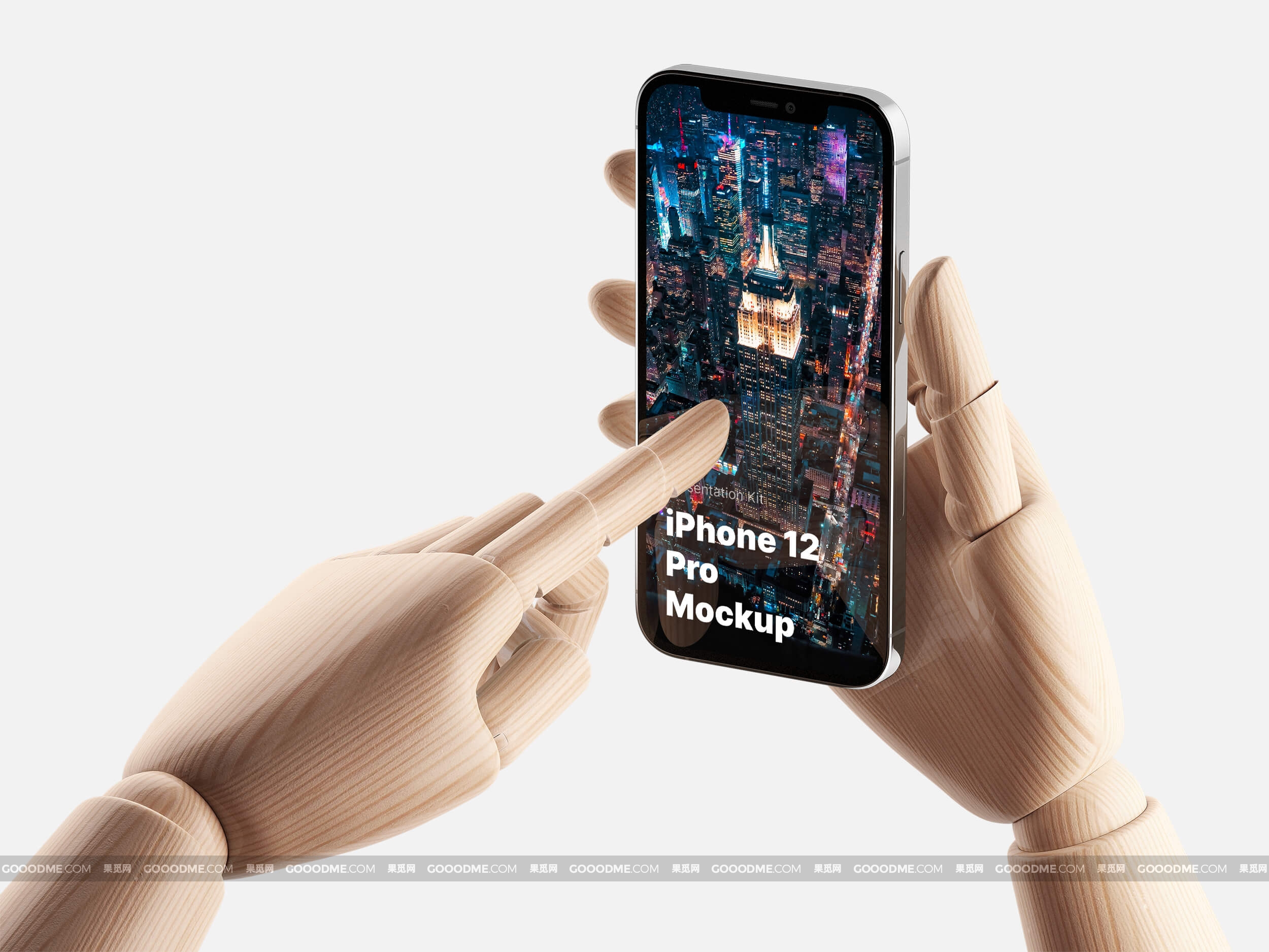 830 13款机械手臂木制手持手机UI展示设计样机素材Wooden Hands iPhone 12 Pro Mockups