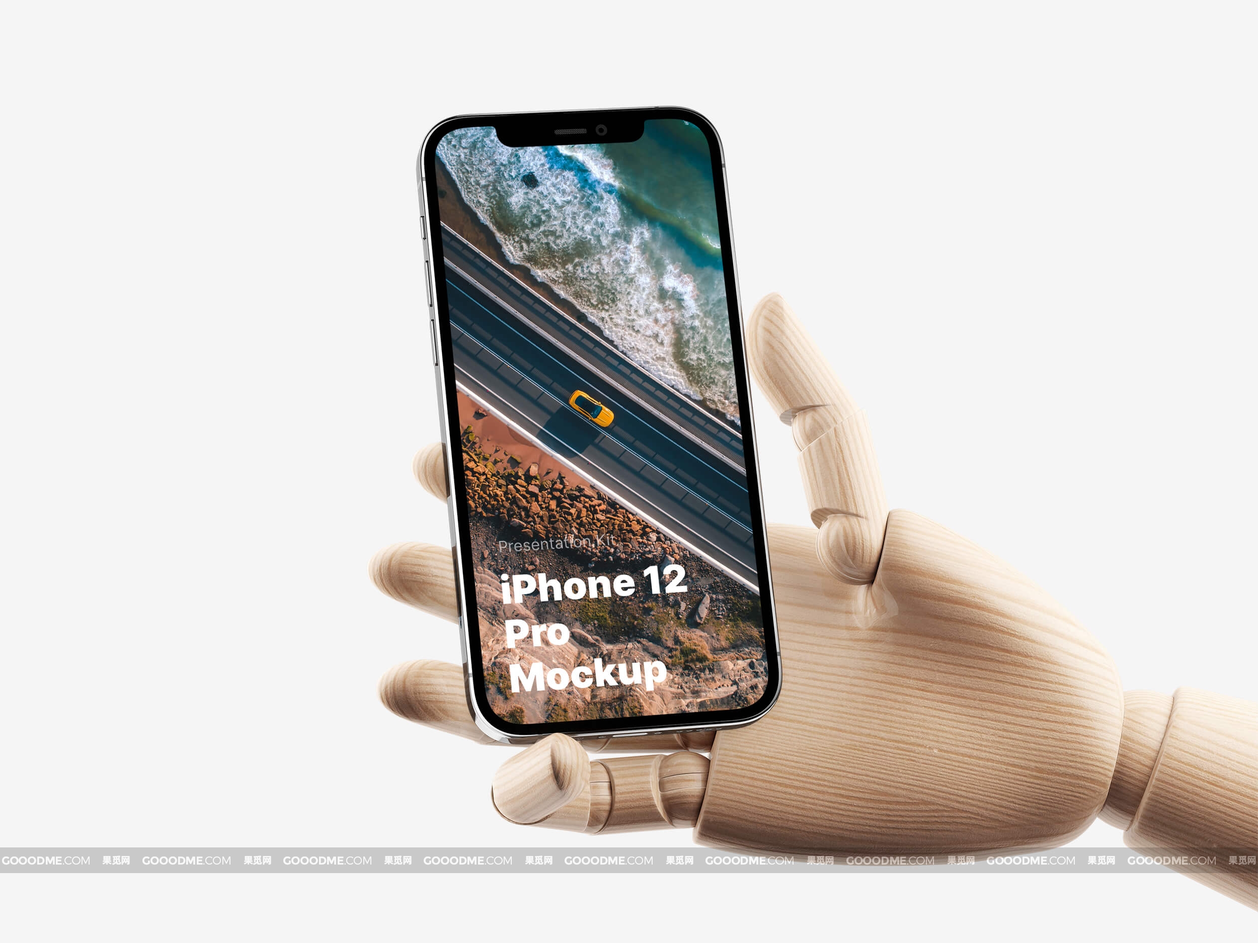 830 13款机械手臂木制手持手机UI展示设计样机素材Wooden Hands iPhone 12 Pro Mockups