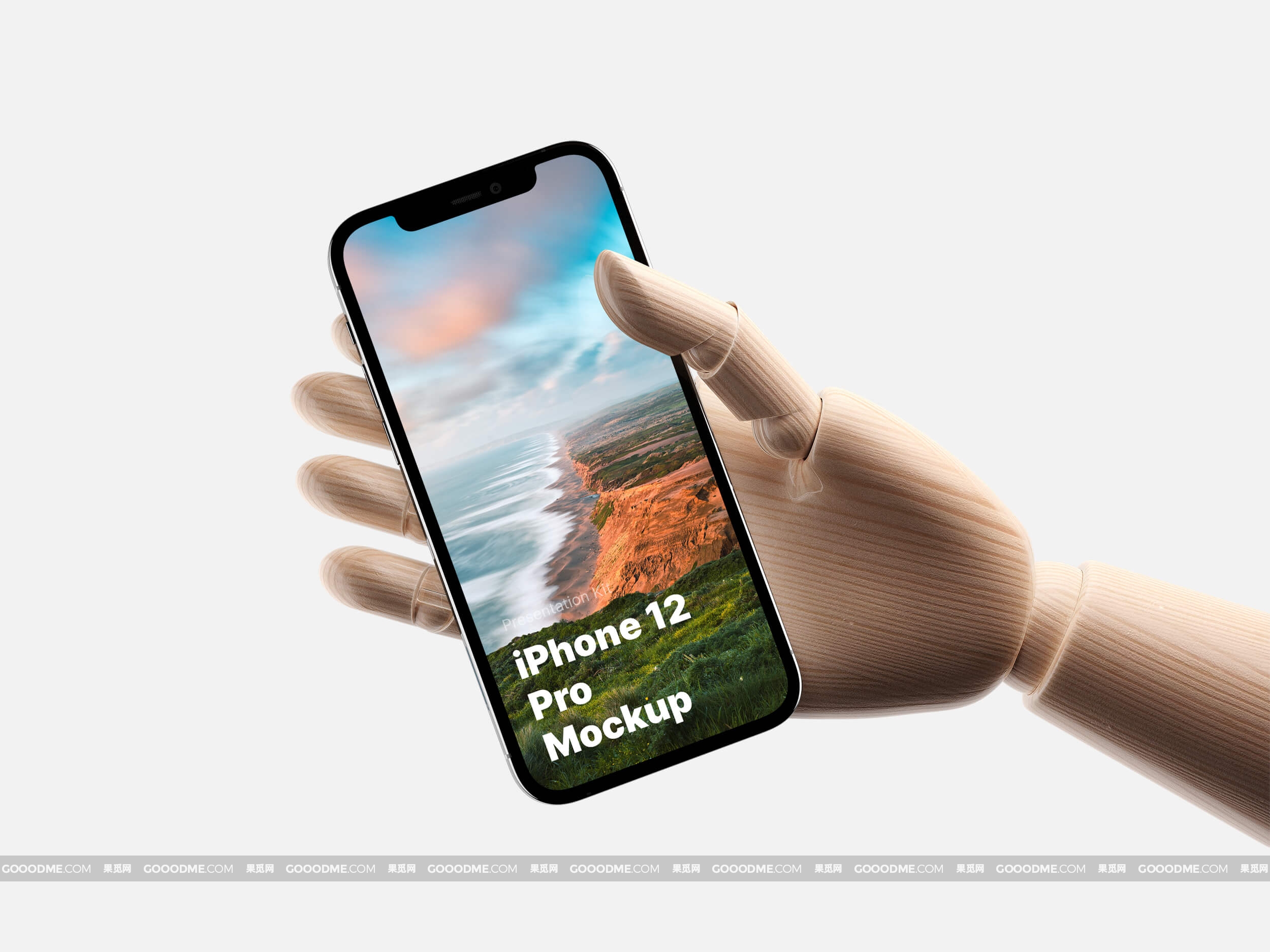 830 13款机械手臂木制手持手机UI展示设计样机素材Wooden Hands iPhone 12 Pro Mockups