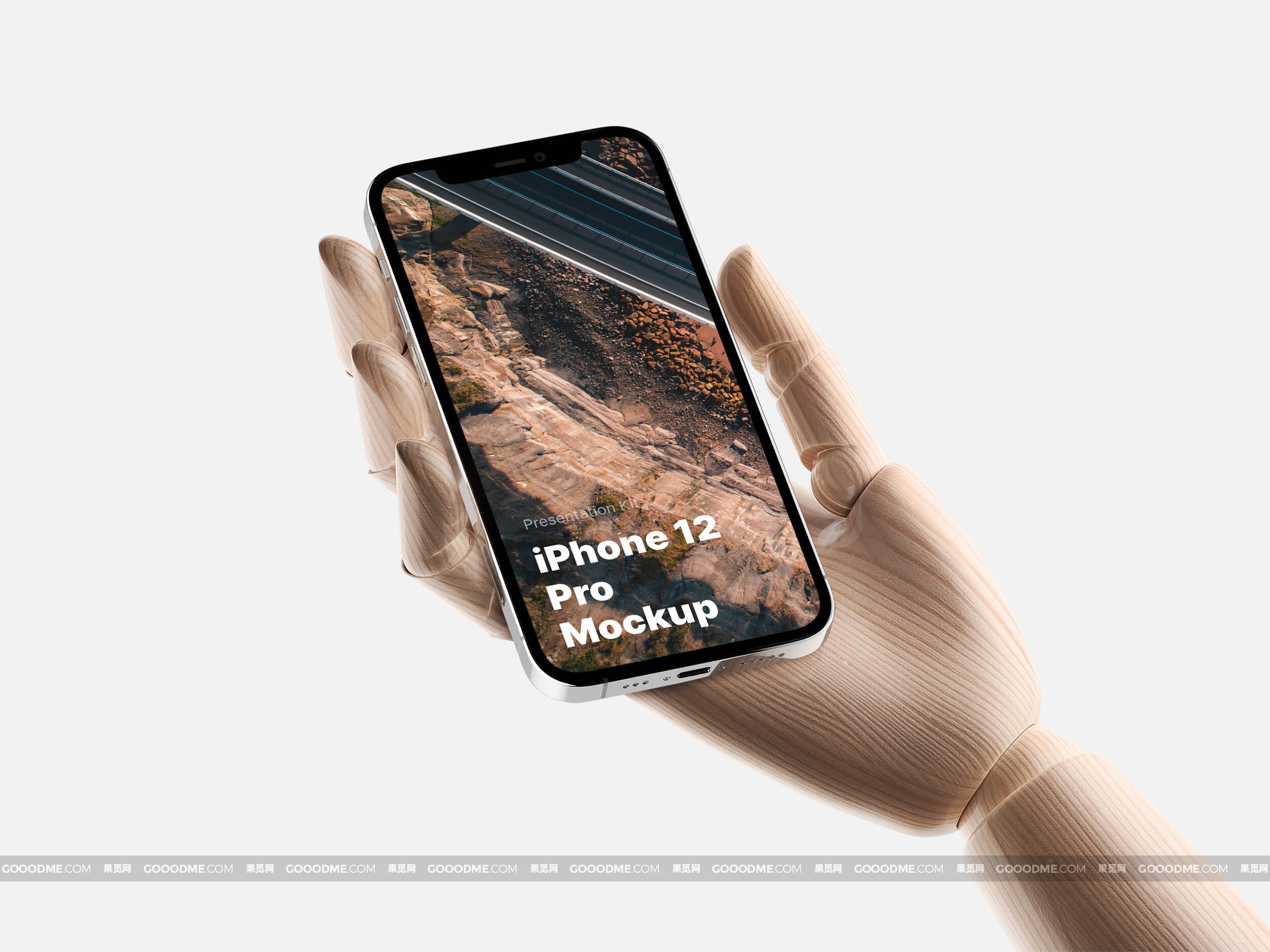 830 13款机械手臂木制手持手机UI展示设计样机素材Wooden Hands iPhone 12 Pro Mockups