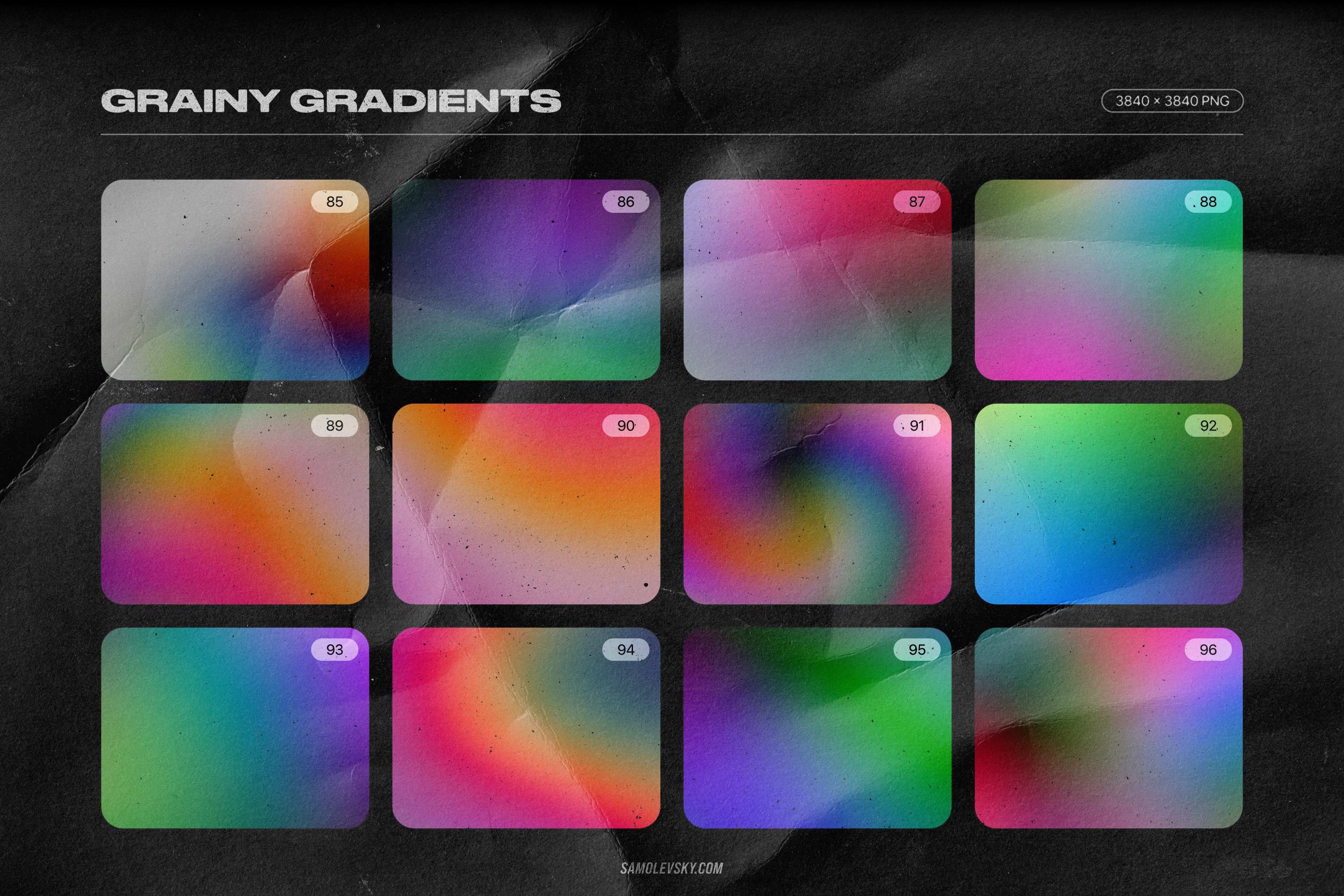 840 潮流复古颗粒噪点模糊科技视觉感全息渐变酸性背景底纹PNG图片素材 Grainy Backgrounds – 100 Gradients