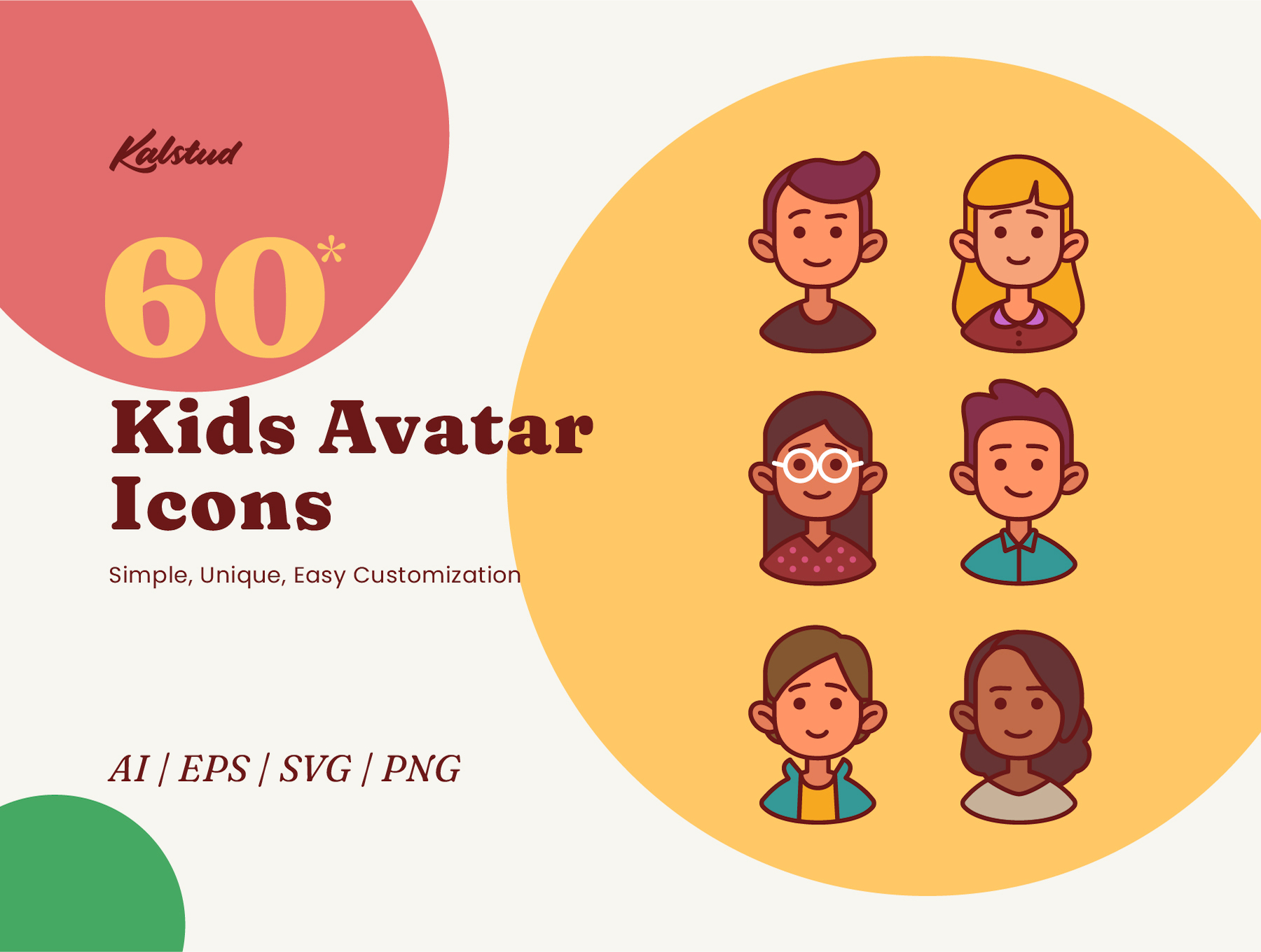 05 60个可爱的插画风格儿童头像矢量图标素材 60 Kids Avatar Icons 05