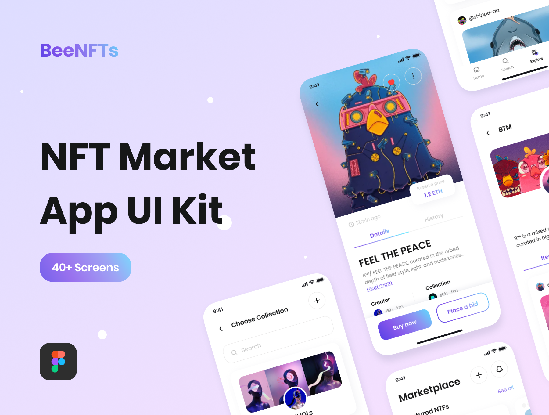 11 NFT主题应用程序APP界面设计FIGMA模板素材 BeeNFTs – NFT Market App UI Kit