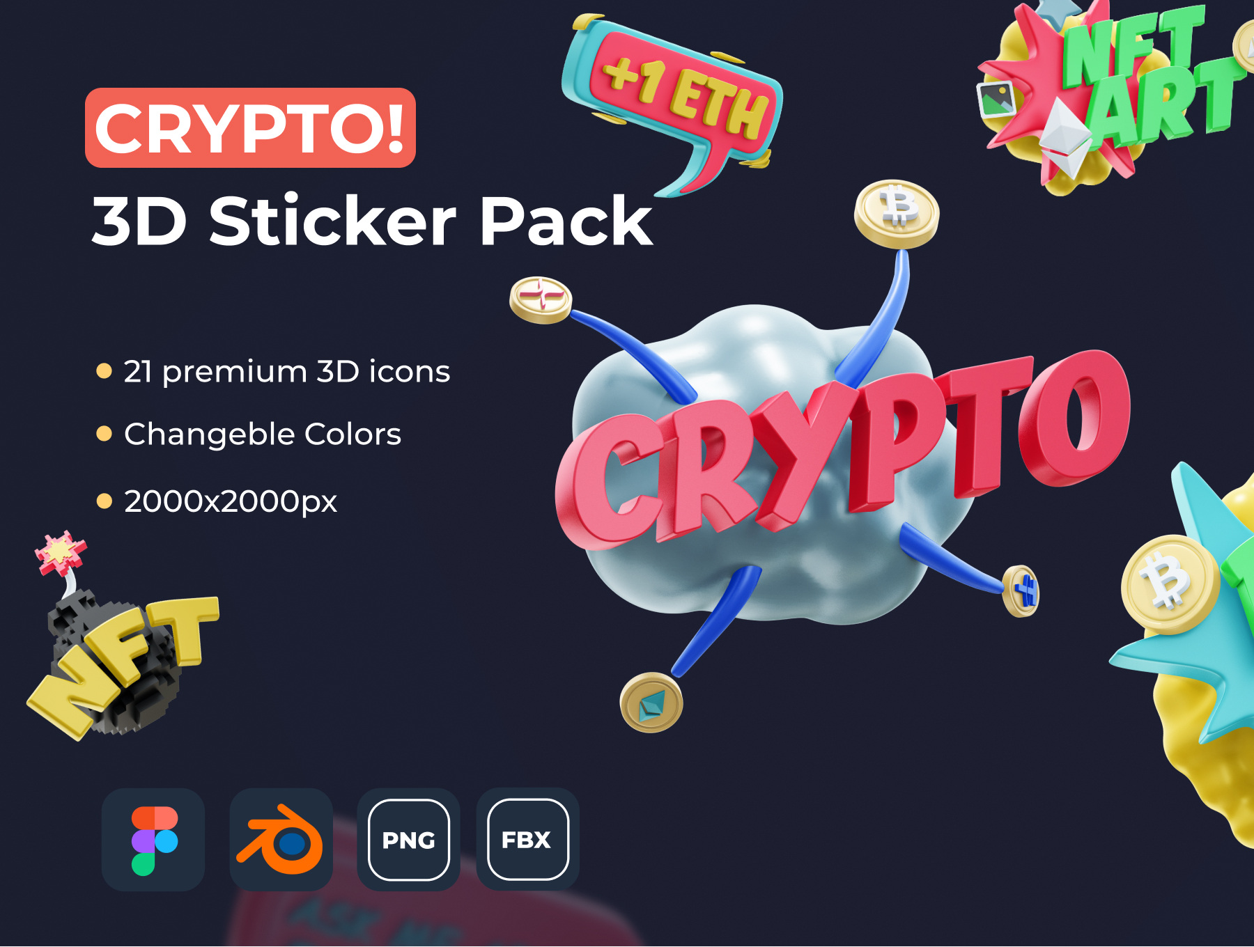 24 21款创意趣味卡通3D立体金融投资NFT爆炸png免抠icon图标设计素材 CRYPTO! 3D Sticker Pack 24