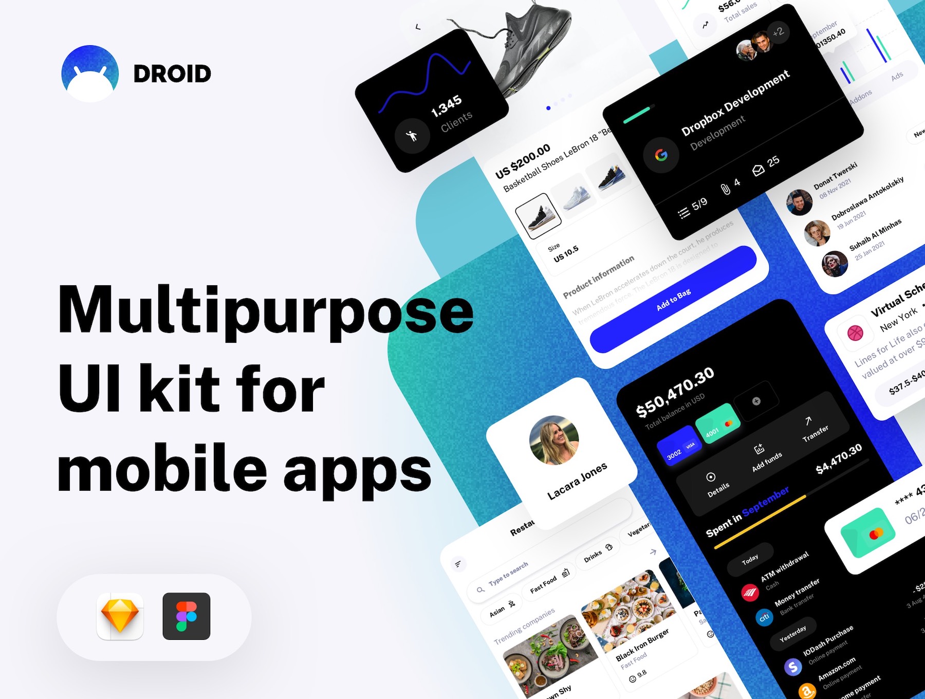 26 260+购物社交项目管理数据分析多用途App设计UI套件模板 Droid – Multipurpose UI Kit for Mobile Apps