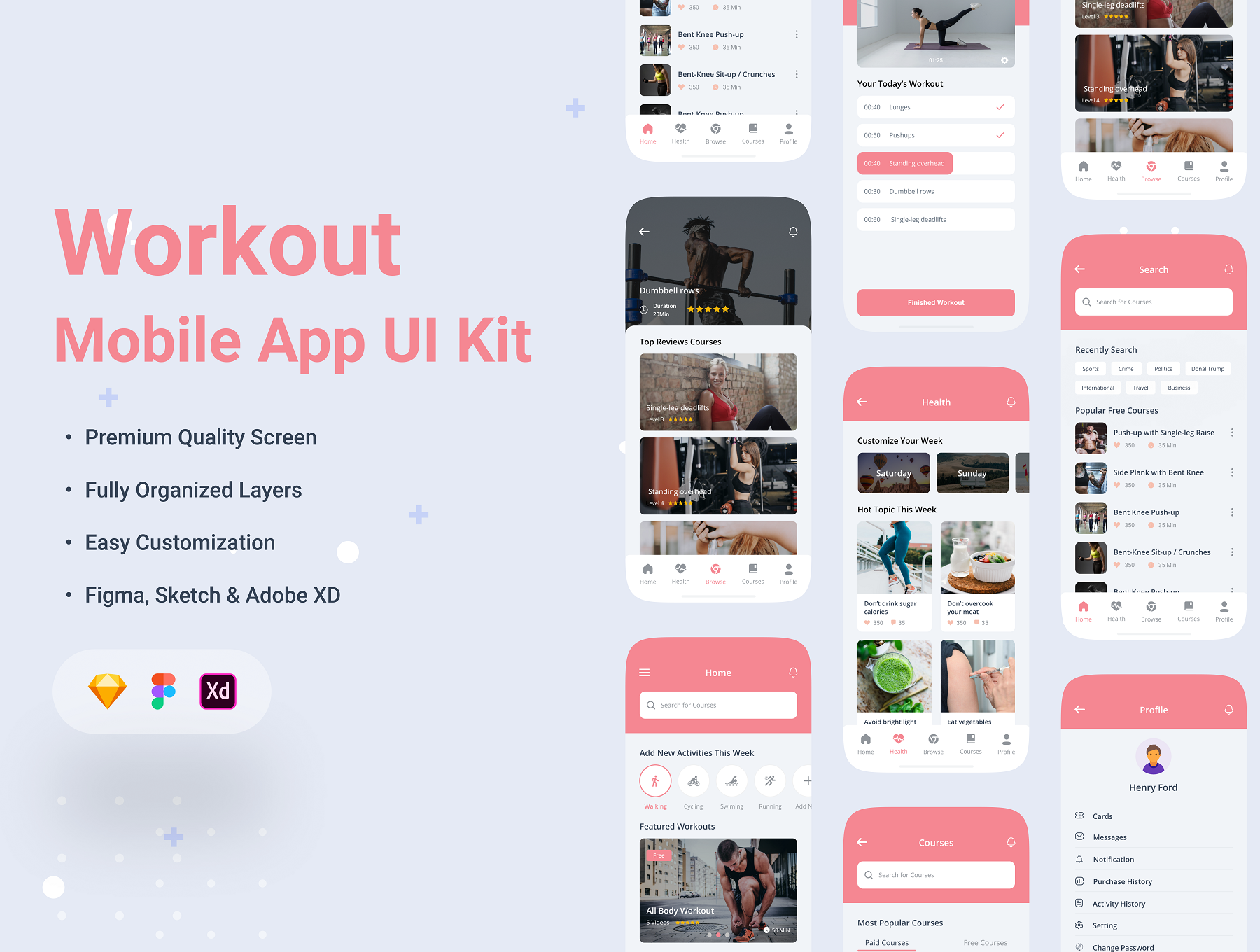 34 健身教学在线视频直播课程iOS用户手机ui设计sketch模板 Fitness & Workout App UI Kit 34