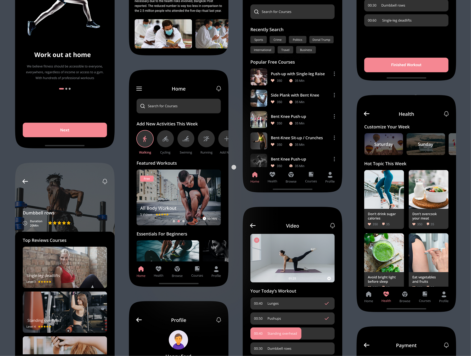 34 健身教学在线视频直播课程iOS用户手机ui设计sketch模板 Fitness & Workout App UI Kit 34