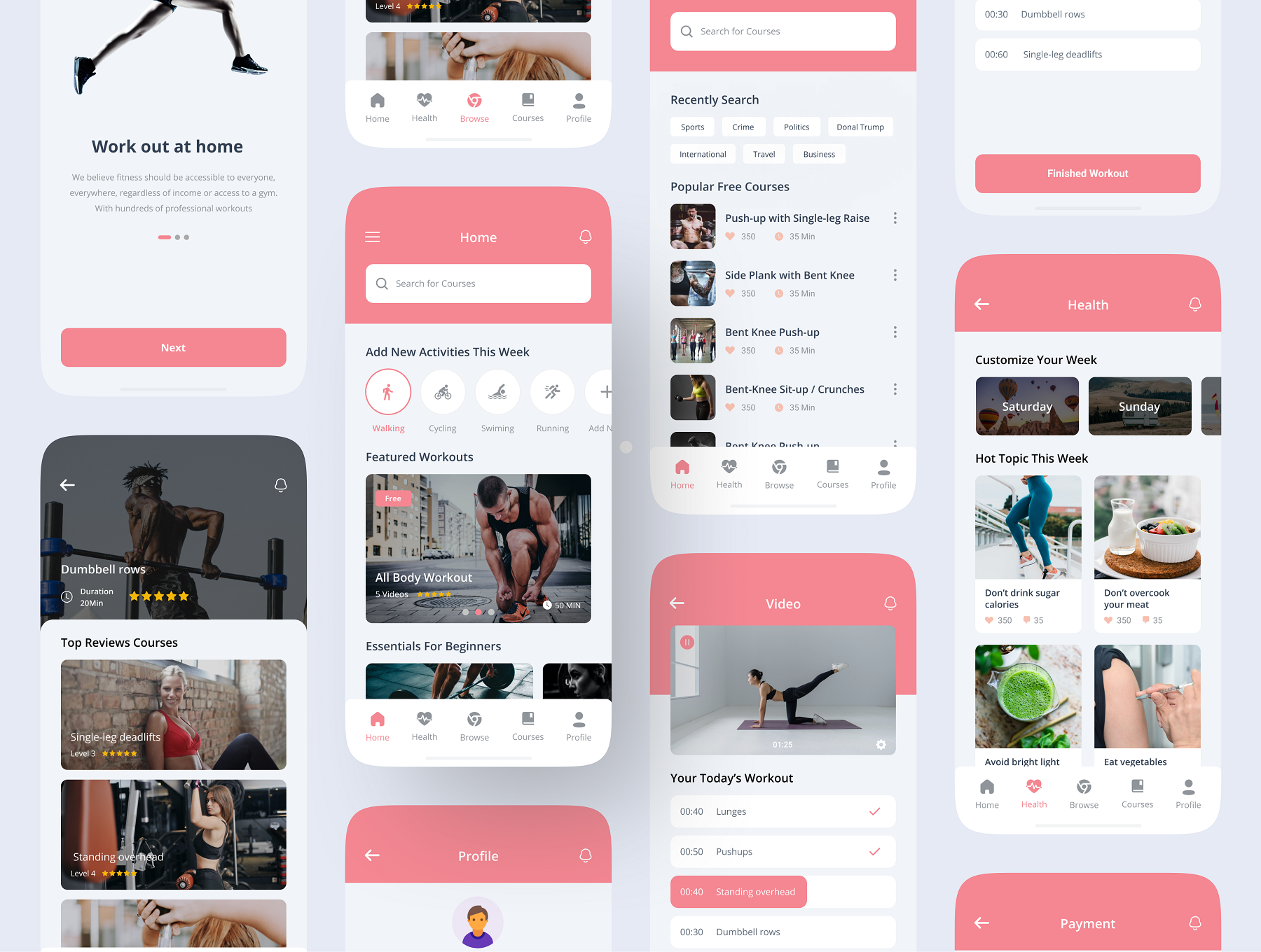 34 健身教学在线视频直播课程iOS用户手机ui设计sketch模板 Fitness & Workout App UI Kit 34