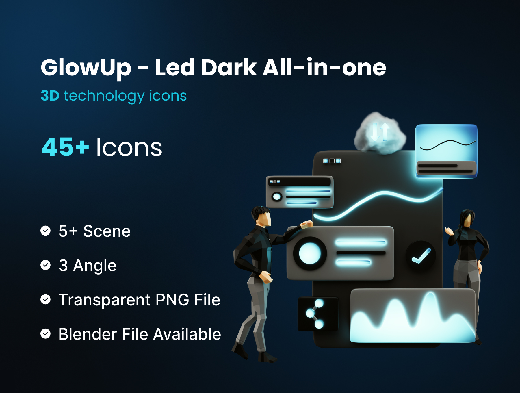 39 45款未来科幻赛博朋克人工智能低多边形3D立体插图插画png免抠图片素材 Glow Up 3D LED Dark Technology Pack 39