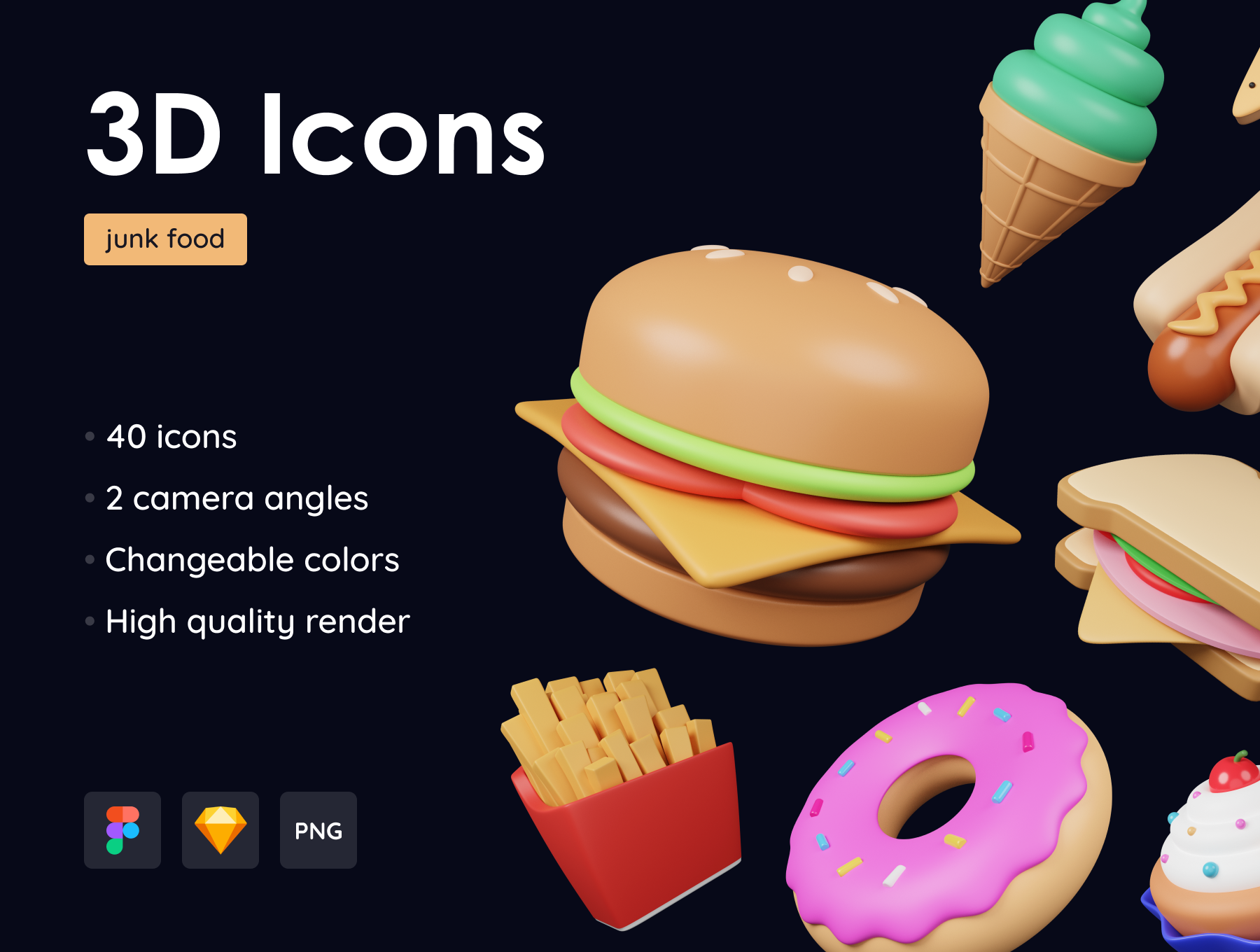 44 40款汉堡薯条热狗快餐3D卡通立体Icon图标PNG免抠图片设计素材 Junk Food Pack – Customizable 3D Icons