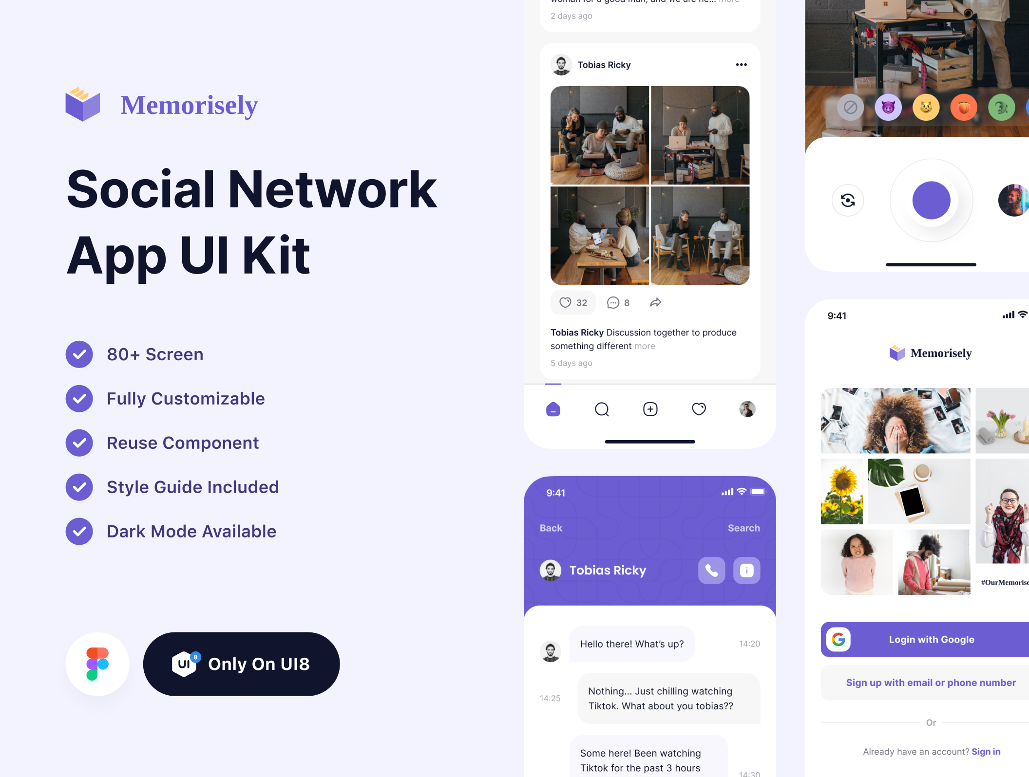 52 简洁粉紫国外流行的社交应用app移动端界面设计ui素材 Memorisely – Social Network App UI Kit 52