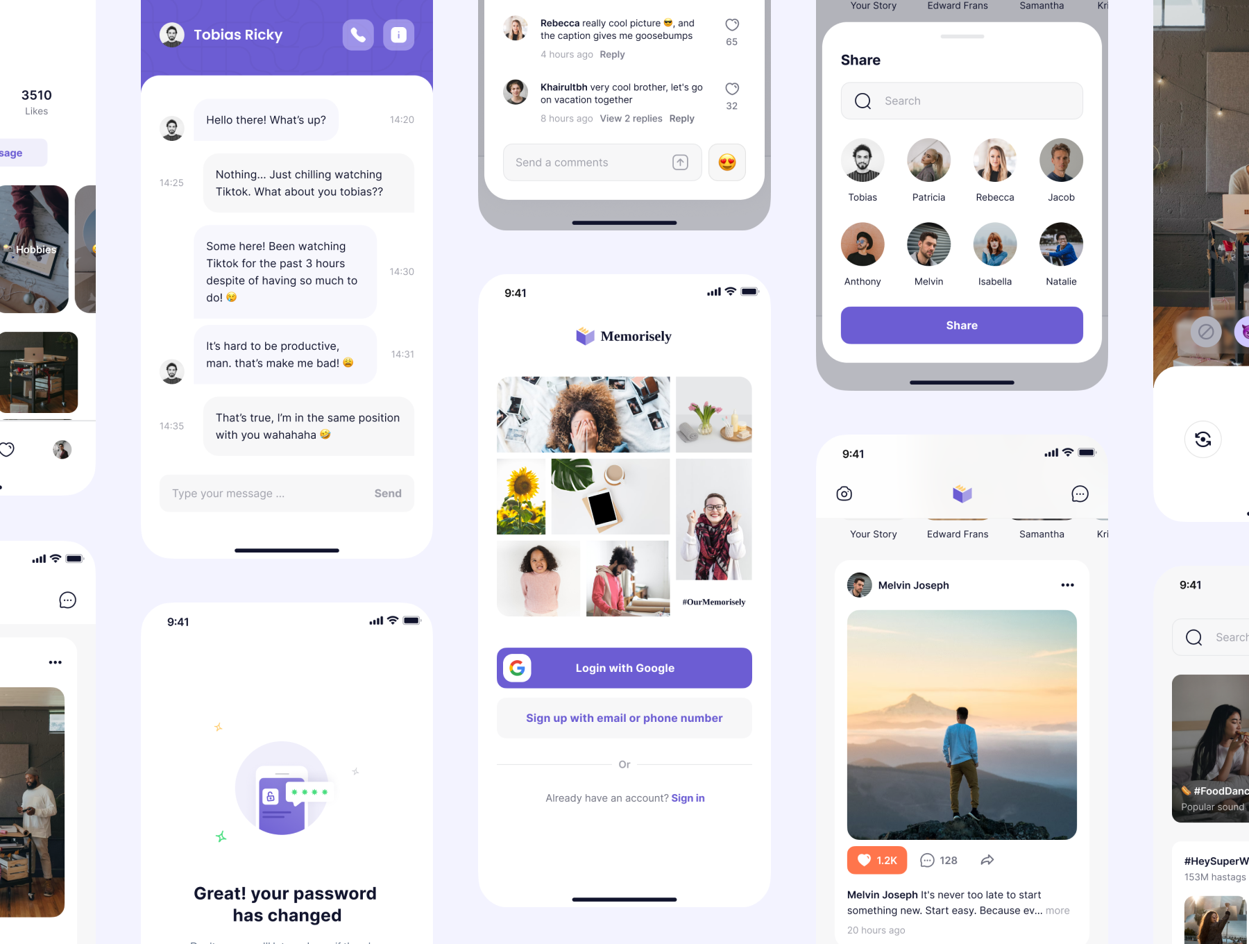 52 简洁粉紫国外流行的社交应用app移动端界面设计ui素材 Memorisely – Social Network App UI Kit 52