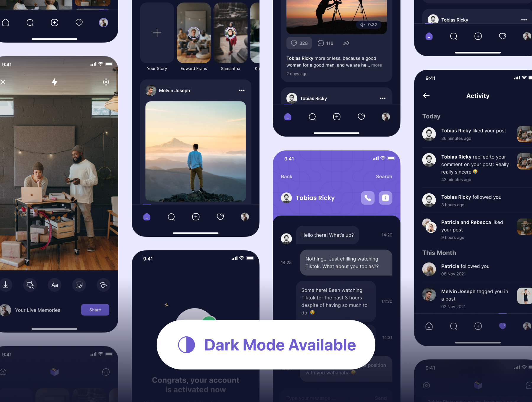 52 简洁粉紫国外流行的社交应用app移动端界面设计ui素材 Memorisely – Social Network App UI Kit 52