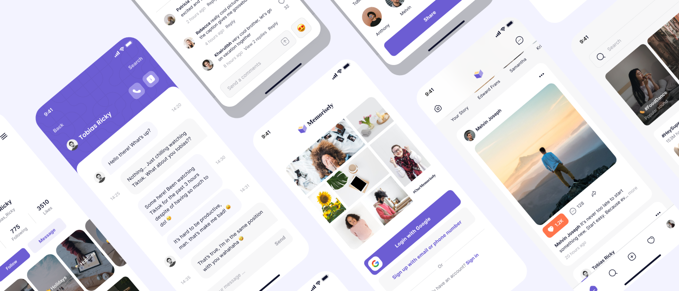 52 简洁粉紫国外流行的社交应用app移动端界面设计ui素材 Memorisely – Social Network App UI Kit 52