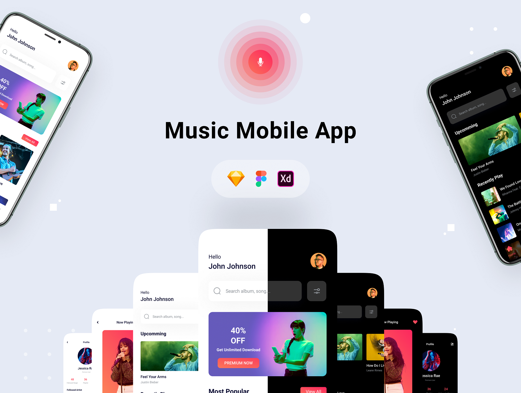 55 在线播放音乐听歌App多媒体手机界面光暗样式设计模板下载 Music App UI kit Music App UI kit 55