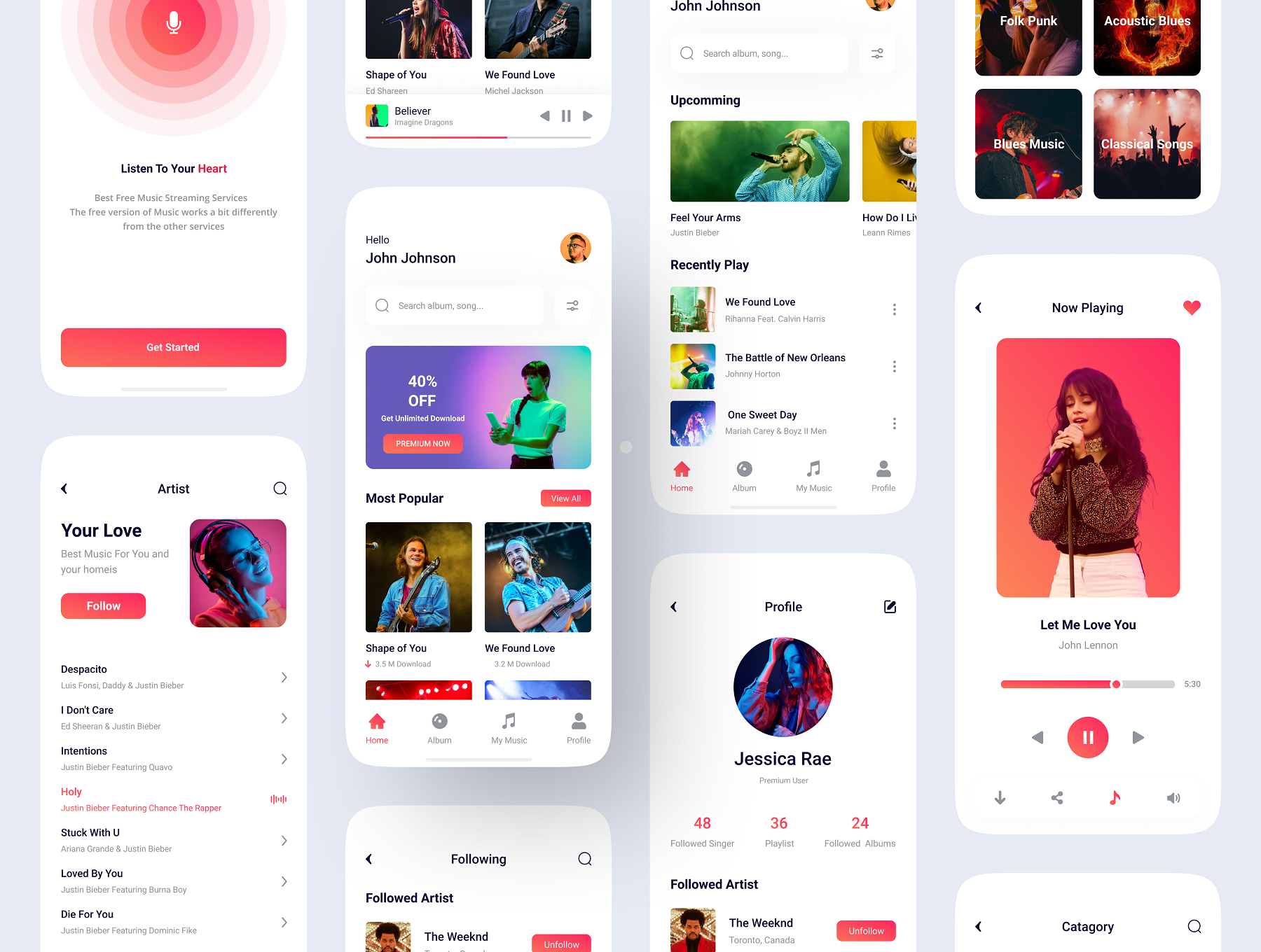 55 在线播放音乐听歌App多媒体手机界面光暗样式设计模板下载 Music App UI kit Music App UI kit 55