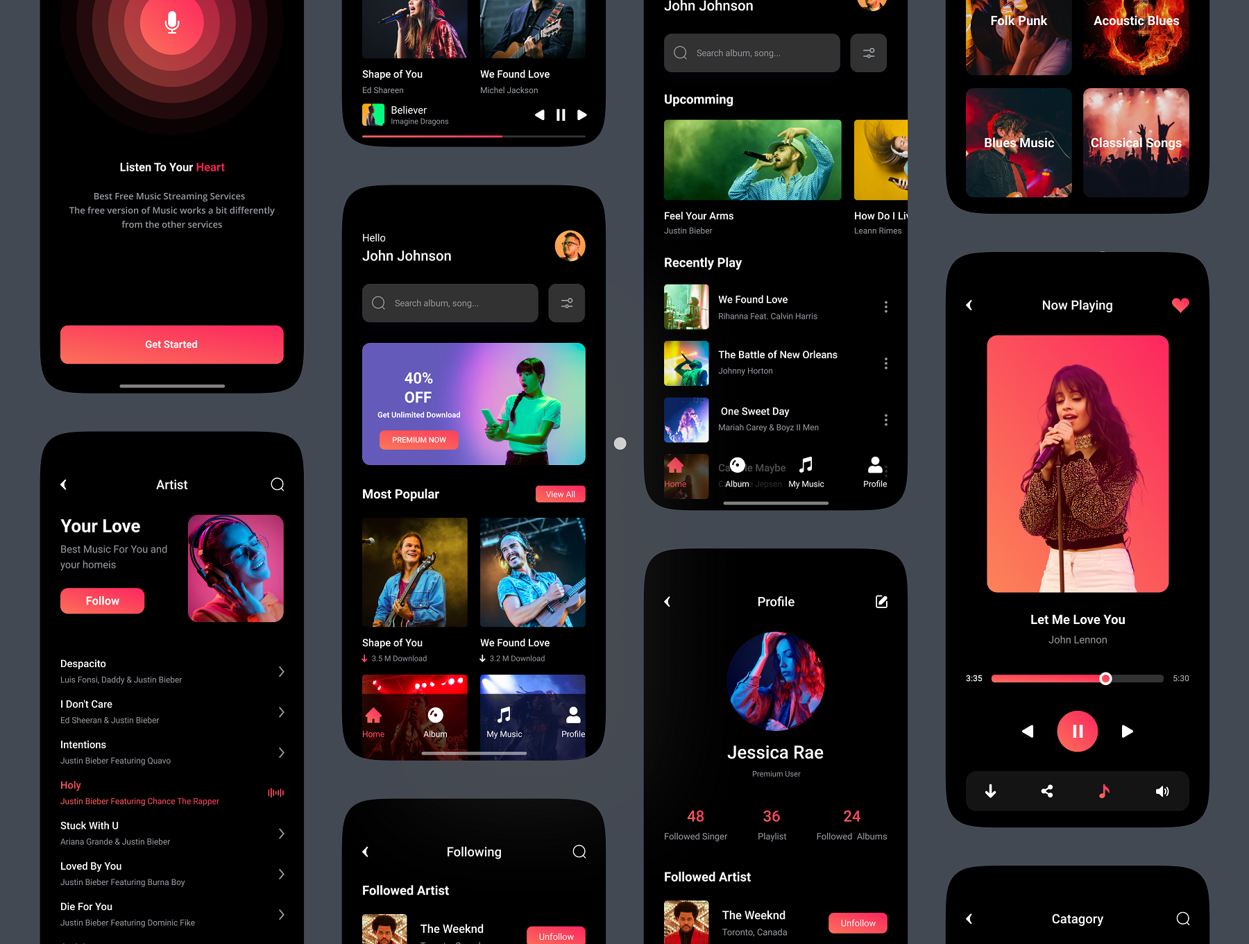 55 在线播放音乐听歌App多媒体手机界面光暗样式设计模板下载 Music App UI kit Music App UI kit 55