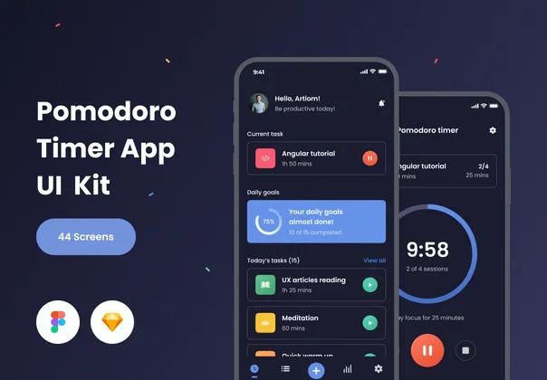 61 多用途任务管理器APP应用程序界面设计UI套件素材 Pomodoro Mobile UI Kit Pomodoro Mobile UI Kit 61