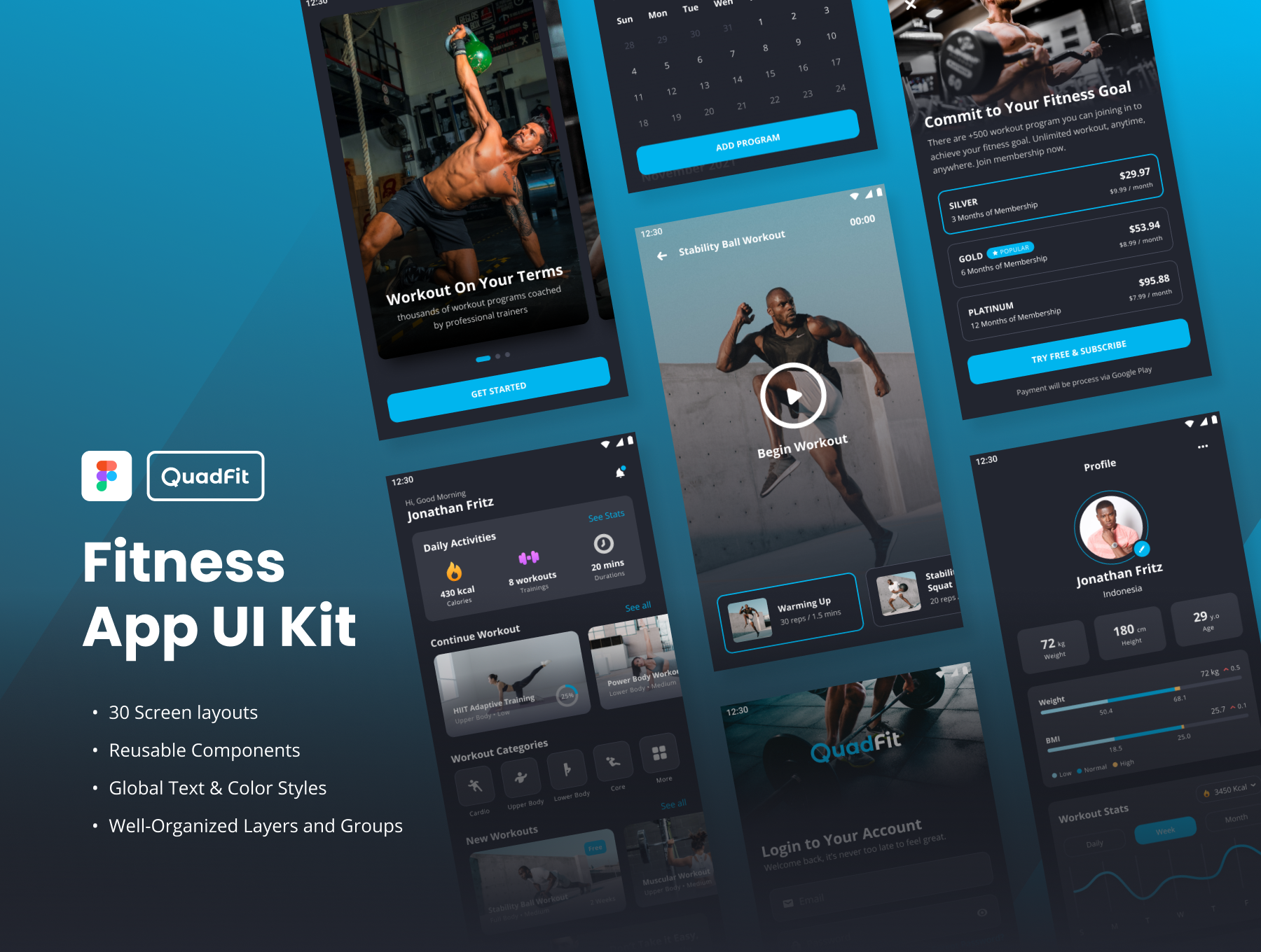 62 时尚锻炼健身应用程序APP界面设计UI套件素材 QuadFit – Fitness App UI Kit QuadFit – Fitness App UI Kit 62