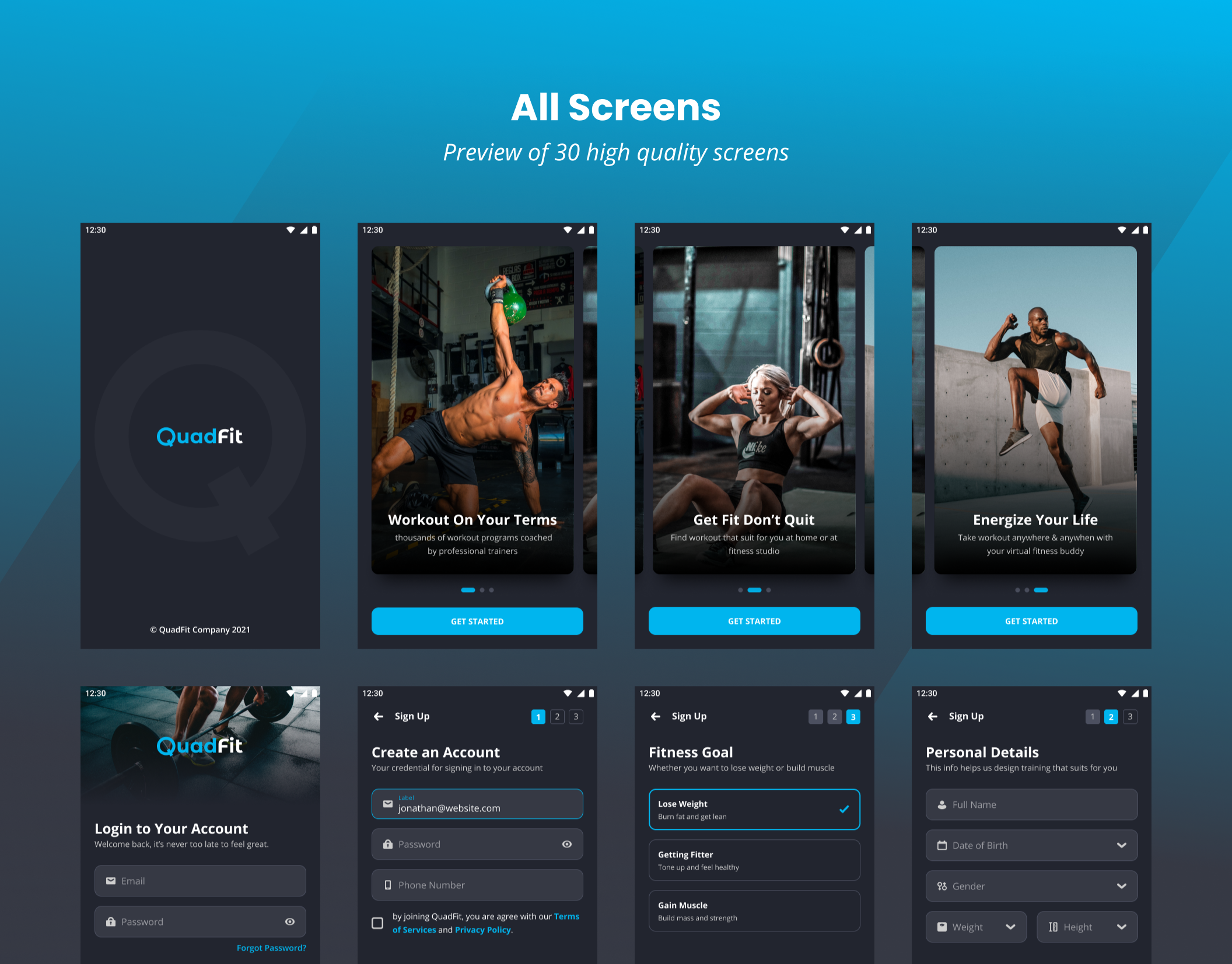 62 时尚锻炼健身应用程序APP界面设计UI套件素材 QuadFit – Fitness App UI Kit QuadFit – Fitness App UI Kit 62