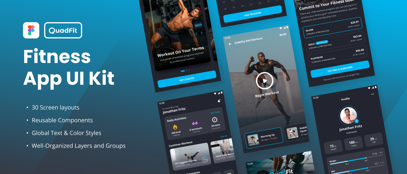 62 时尚锻炼健身应用程序APP界面设计UI套件素材 QuadFit – Fitness App UI Kit QuadFit – Fitness App UI Kit 62