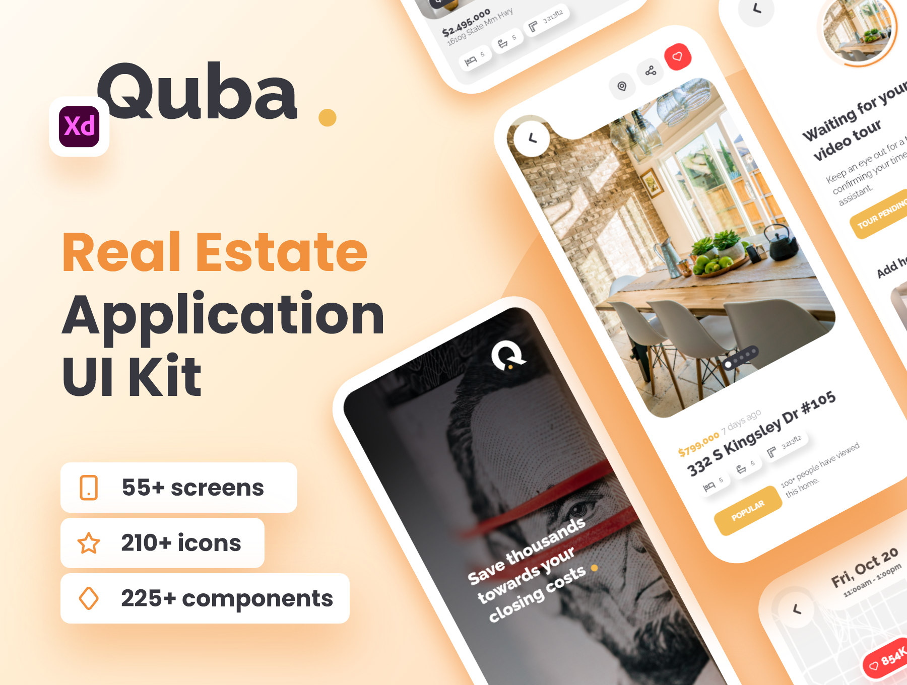 63 时尚房地产房屋租赁出售应用程序APP界面设计XD模板 Quba – Real Estate Application UI Kit for Adobe XD