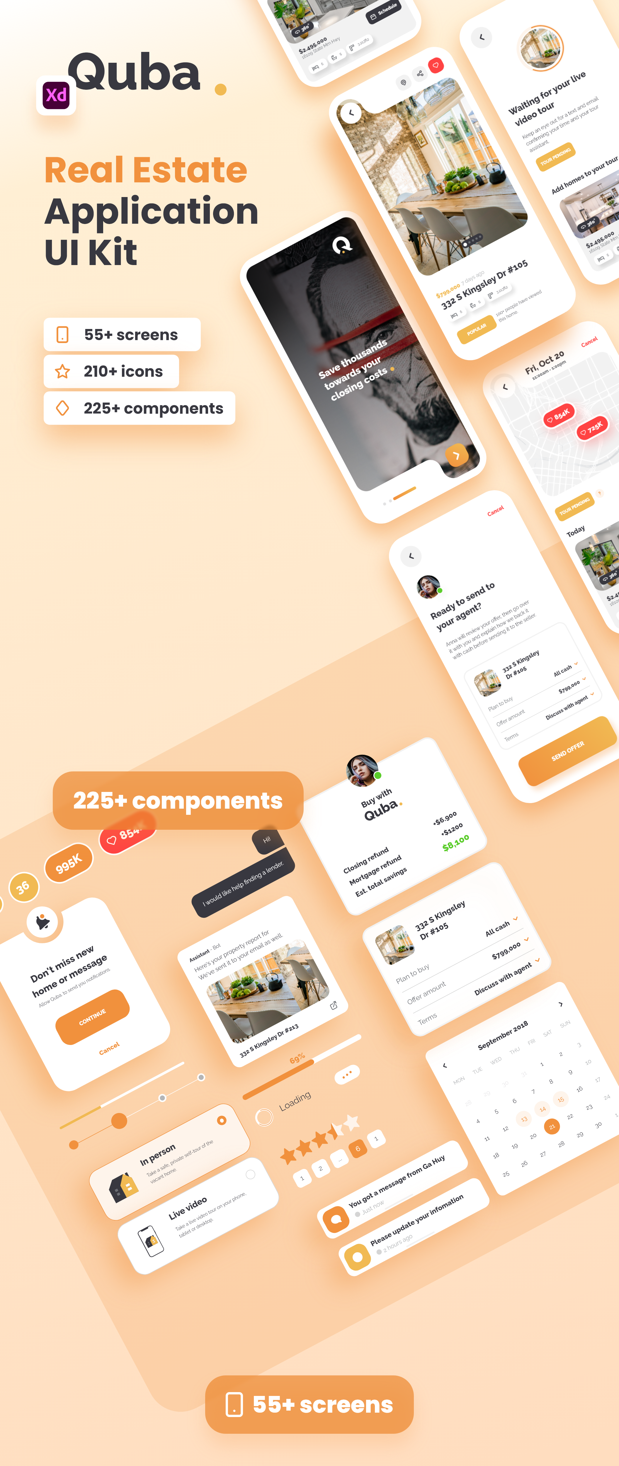 63 时尚房地产房屋租赁出售应用程序APP界面设计XD模板 Quba – Real Estate Application UI Kit for Adobe XD