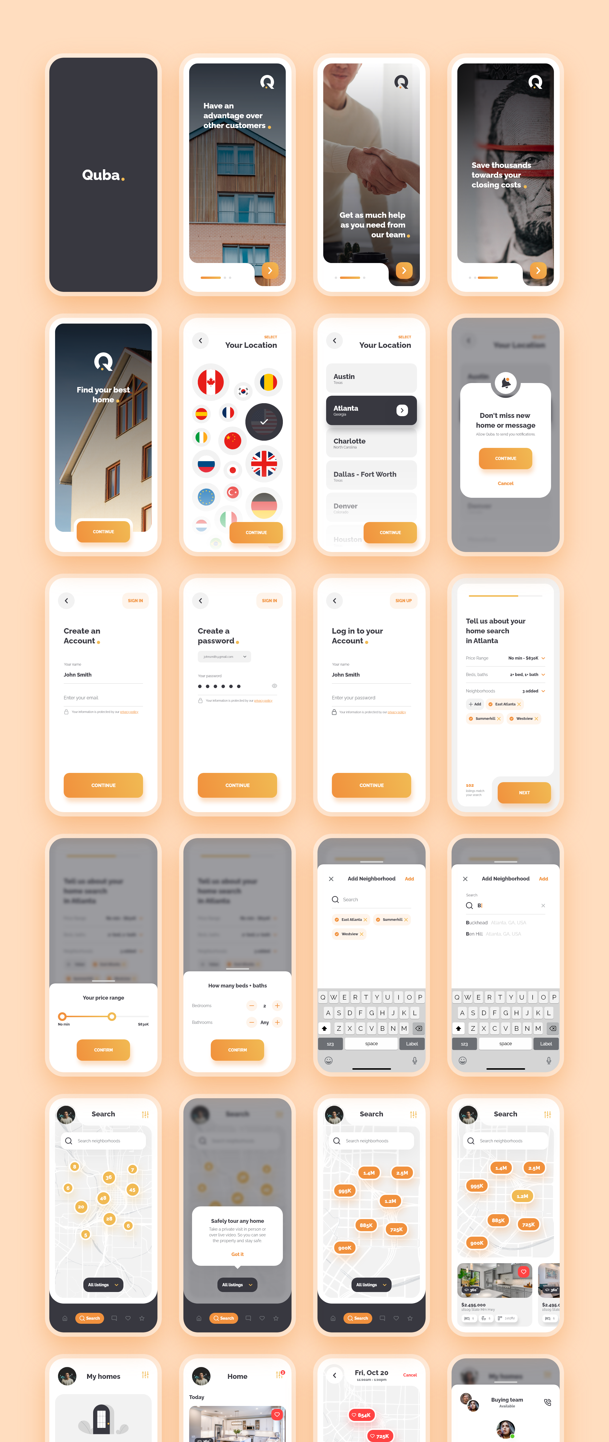 63 时尚房地产房屋租赁出售应用程序APP界面设计XD模板 Quba – Real Estate Application UI Kit for Adobe XD