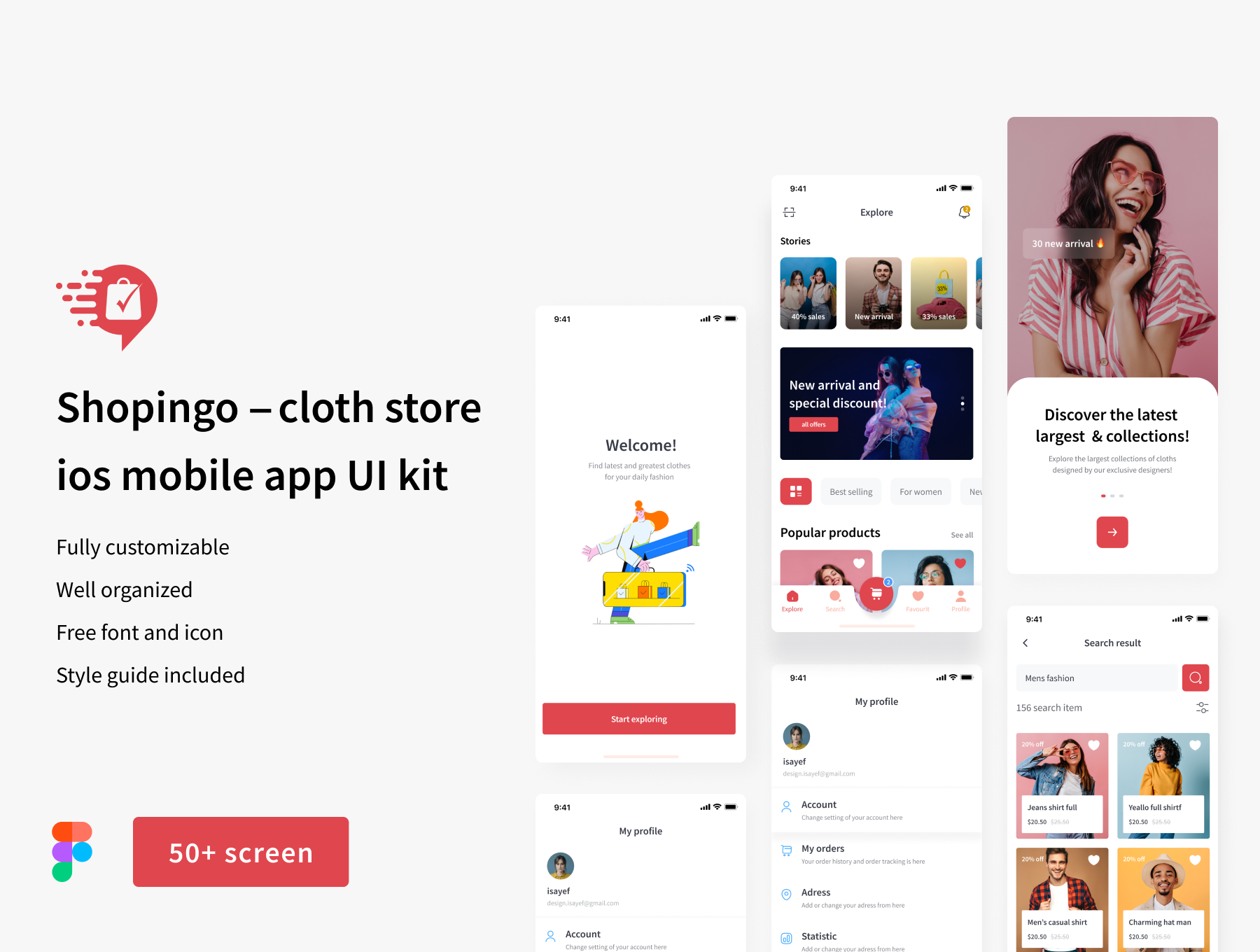 68 鲜艳配色的服装电商app应用设计ui kit套件 Shopingo — Cloth Store UI kit 68