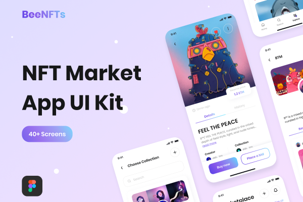 11 NFT主题应用程序APP界面设计FIGMA模板素材 BeeNFTs – NFT Market App UI Kit