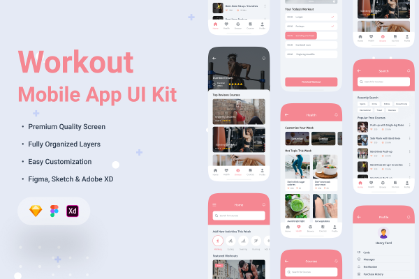 34 健身教学在线视频直播课程iOS用户手机ui设计sketch模板 Fitness & Workout App UI Kit 34