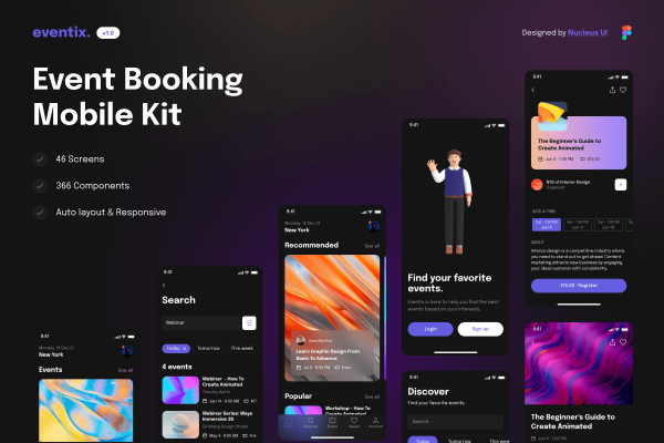 31 46屏事件任务活动安排预订App设计UI套件366组件模板 Eventix – Event Booking Mobile UI Kit 31