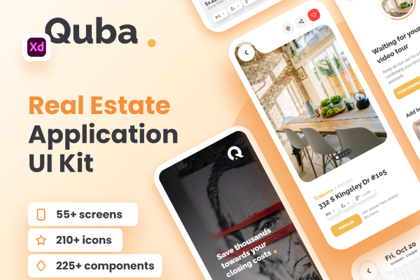 63 时尚房地产房屋租赁出售应用程序APP界面设计XD模板 Quba – Real Estate Application UI Kit for Adobe XD