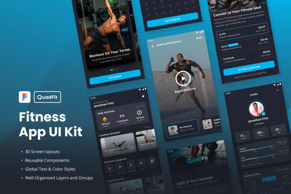 62 时尚锻炼健身应用程序APP界面设计UI套件素材 QuadFit – Fitness App UI Kit QuadFit – Fitness App UI Kit 62