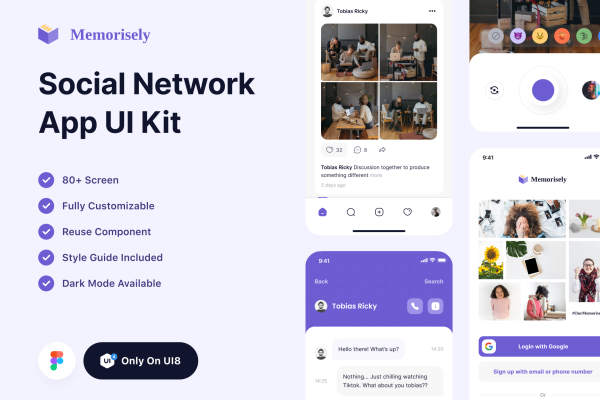 52 简洁粉紫国外流行的社交应用app移动端界面设计ui素材 Memorisely – Social Network App UI Kit 52