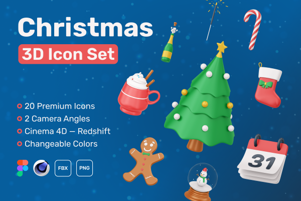 18 20款萌趣卡通3D立体圣诞节新年icon图标插画png免抠图片设计素材 Christmas 3D Icon Set 18