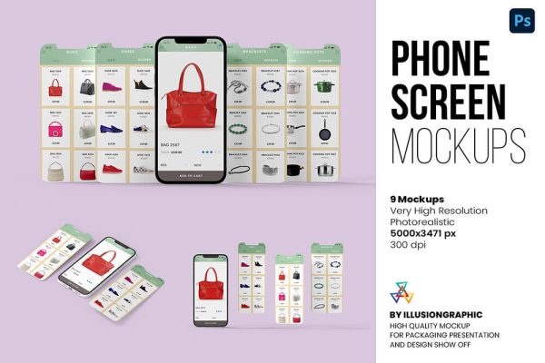 APP UI页面展示手机屏幕样机 (psd) Phone Screen Mockup – 9 views