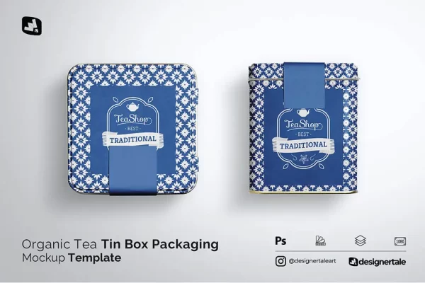 密封小罐茶盒铁盒包装设计PSD样机Tea Tin Box Packaging Mockup