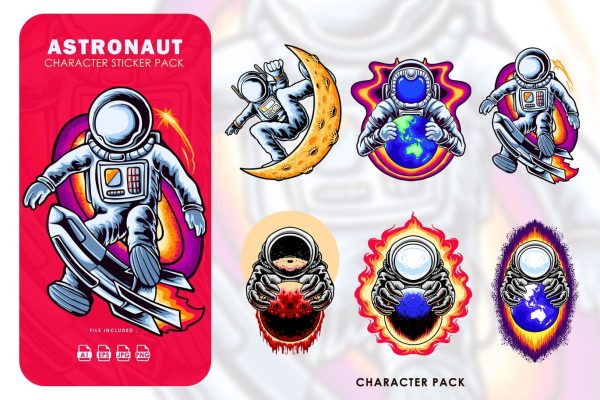 6个高品质的时尚高端矢量宇航员忒之矢量插画集合-AI, EPS, JPG, PNG 6-astronaut-character-sticker-pack