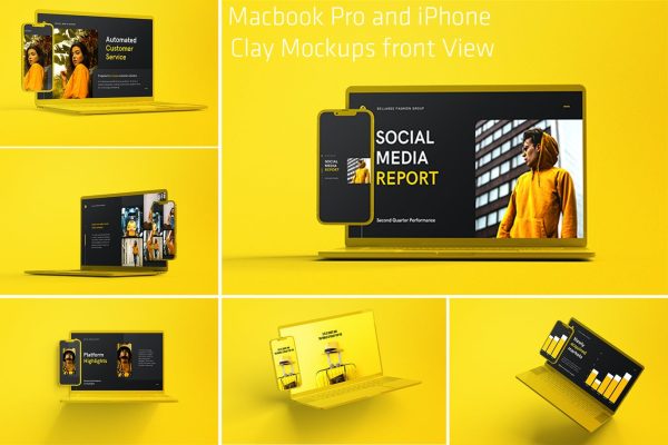 时尚高端简约清新MacBook Pro&iPhone APP UI样机展示模型 Clay-macbook-pro-and-iphone-mockups-front-view