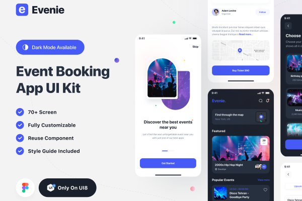 08 高级活动行程计划预订应用程序APP界面设计UI套件素材 Evenie – Event Booking App UI Kit