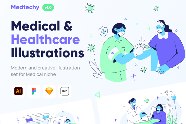 016 医疗保健主题网站APP界面设计矢量插图素材 Medtechy – Medical & Healthcare Illustration Set Medtechy – Medical & Healthcare Illustration Set