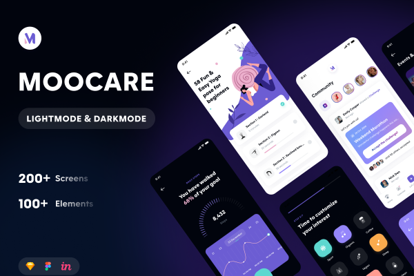 018 健身锻炼健康生活方式应用程序APP UI界面设计套件 Moocare – Light mode & dark mode