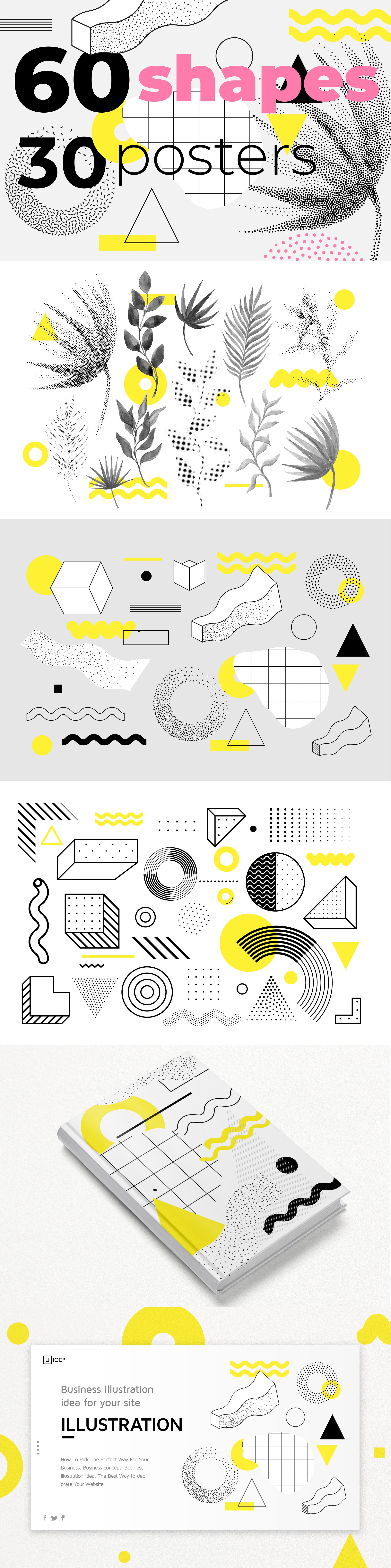 863 极简设计的抽象图形矢量元素和海报模板 60 geometric shapes 30 posters