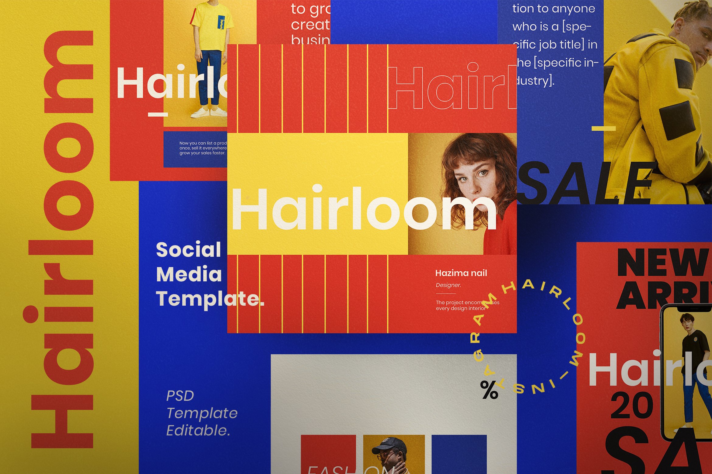 869 明亮色块排版的社交媒体海报广告设计模板 Hairloom – Social Media Template + Stories