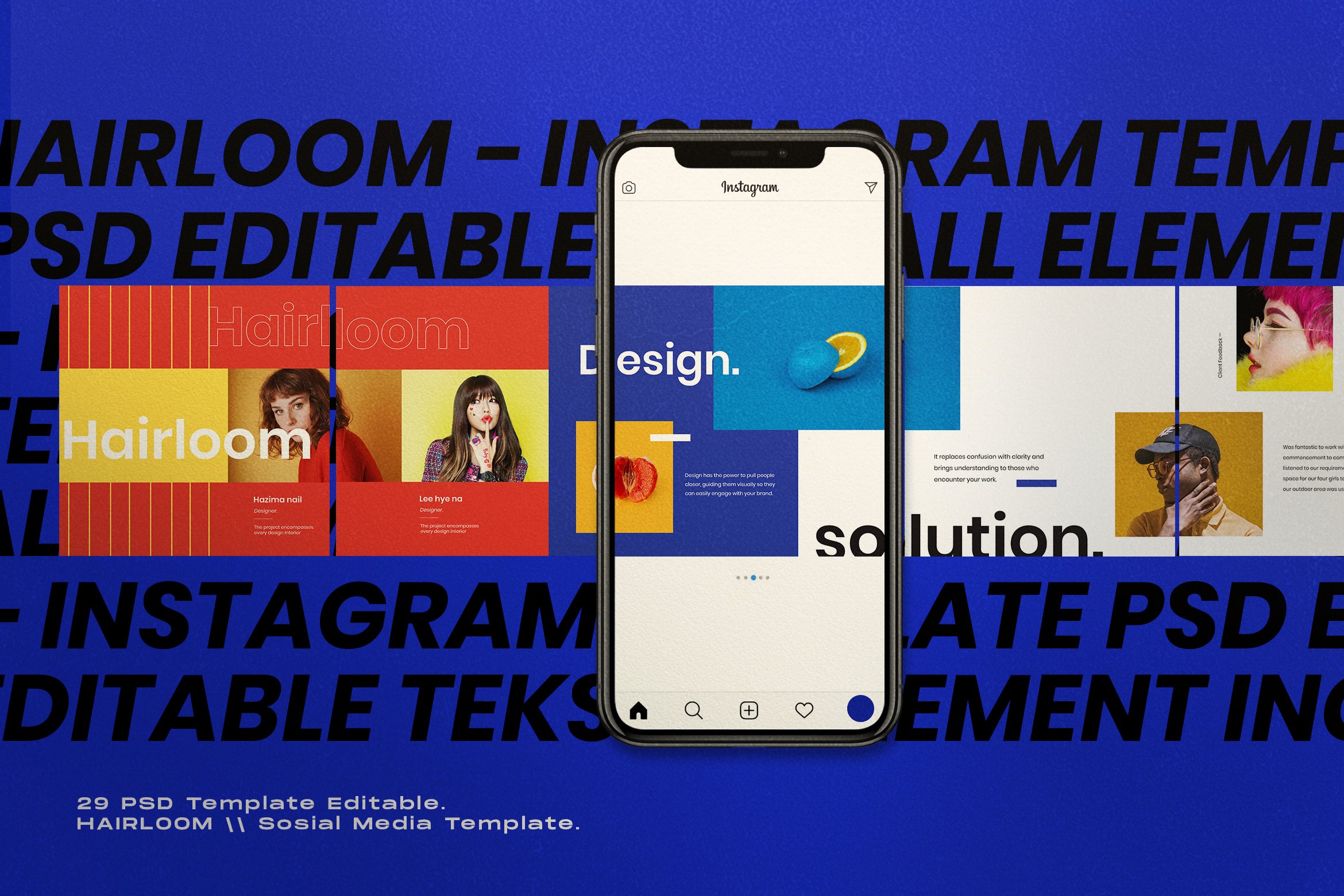 869 明亮色块排版的社交媒体海报广告设计模板 Hairloom – Social Media Template + Stories