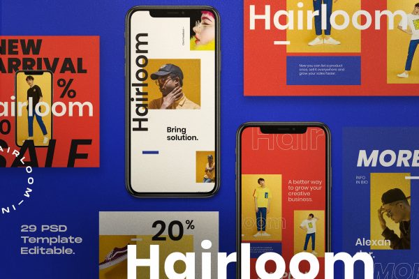 869 明亮色块排版的社交媒体海报广告设计模板 Hairloom – Social Media Template + Stories