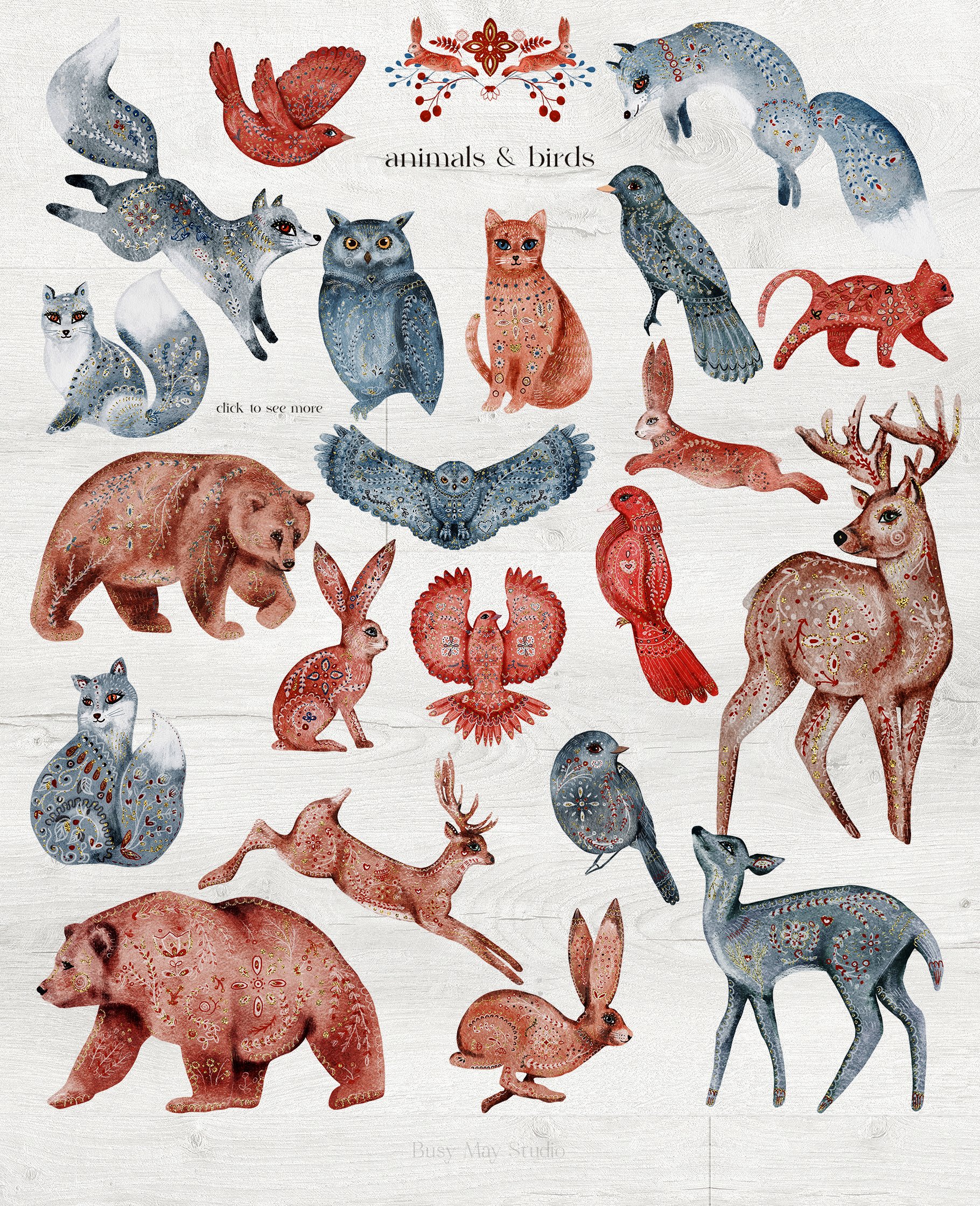 977 动物炫彩无缝图案背景素材Taika- Folk Seamless Patterns